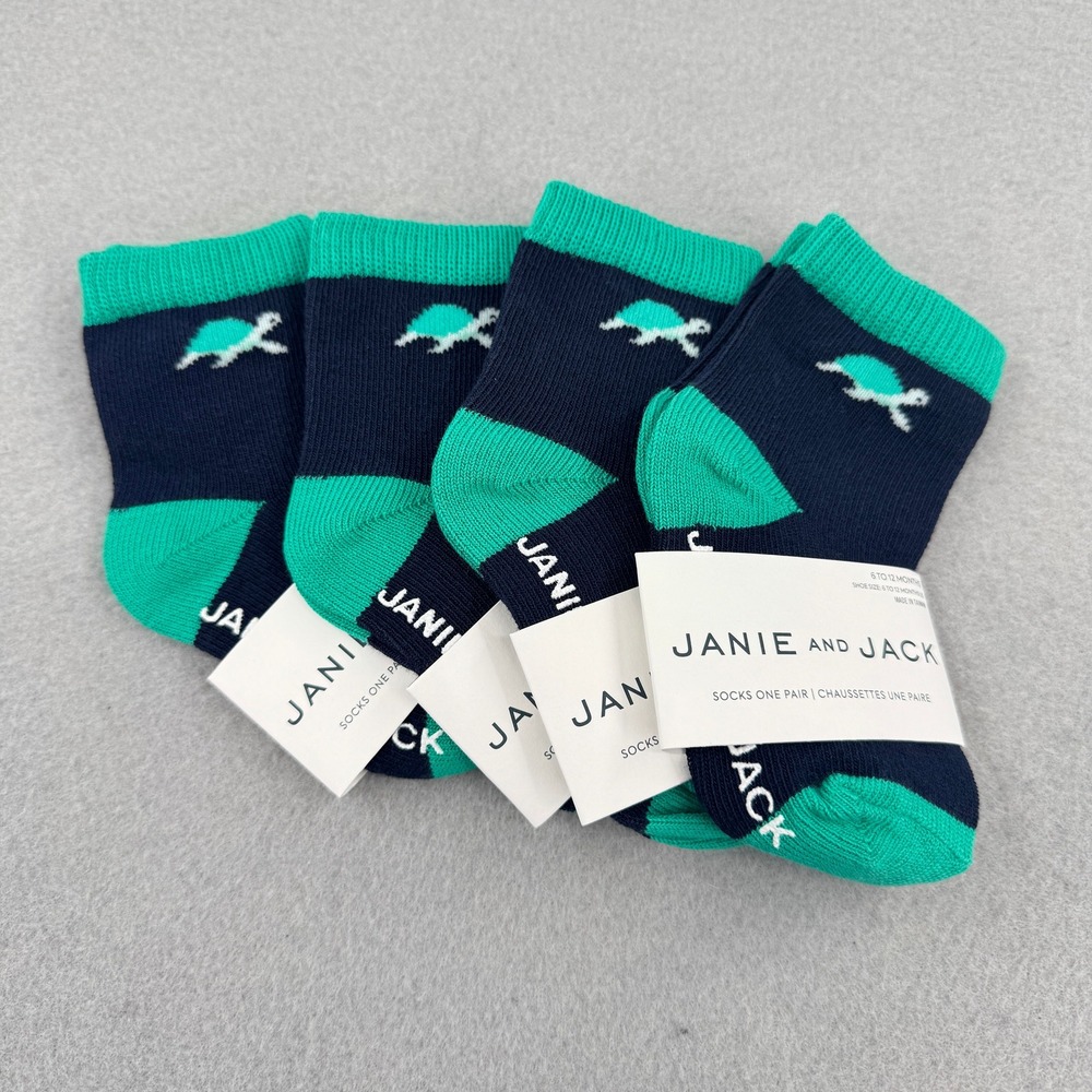 NWT Janie and Jack Infant 4pk Sock Bundle 6-12mo Blue/Green Turtles Preppy‎